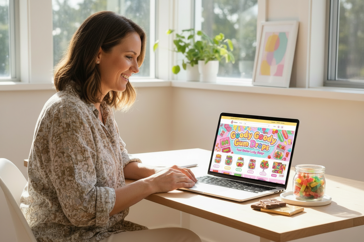 Woman ordering lollies online from www.goodygoodygumdrops.com.au