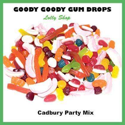 400 x re-sealable bags each containing 50 Gm Cadbury Party Mix with a custom printed label Goody Goody Gum Drops online lolly shop