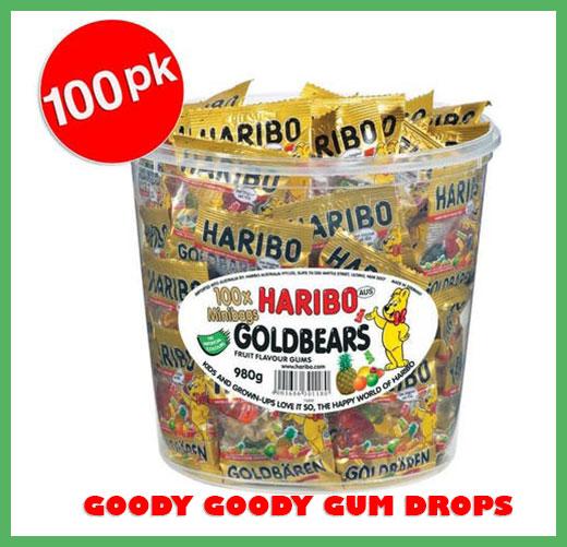 Haribo Gold Bears in a Tub of 100 bags Goody Goody Gum Drops online lolly shop