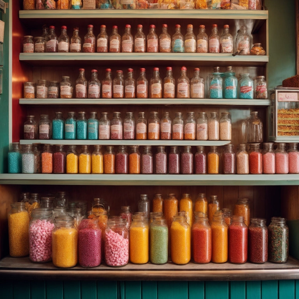 Old fashioned retro lolly shop shelves.
