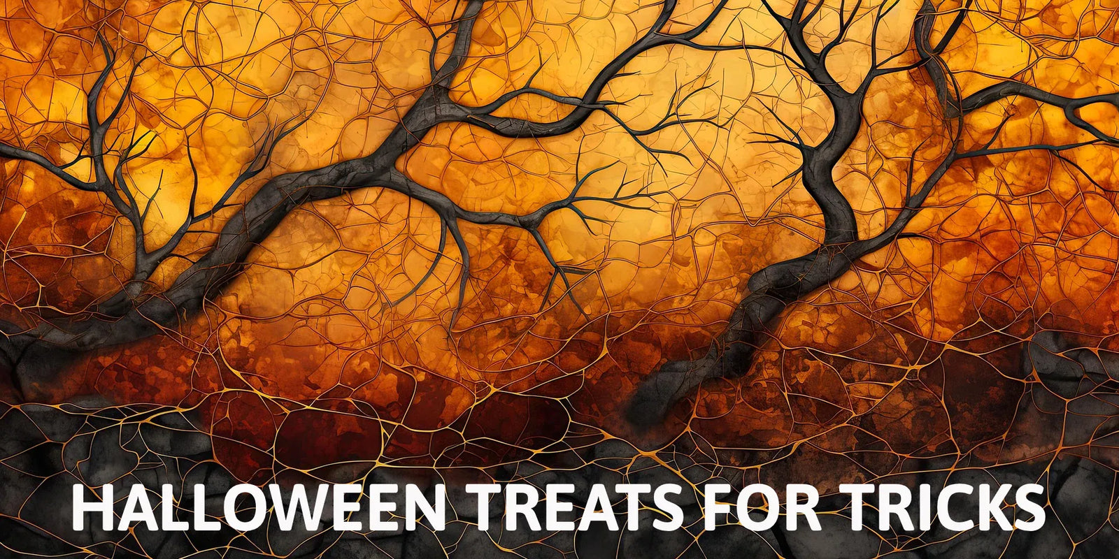 Halloween-themed graphic with bare tree branches over a fiery orange and yellow background, with the text 'HALLOWEEN TREATS FOR TRICKS' in large white letters at the bottom.