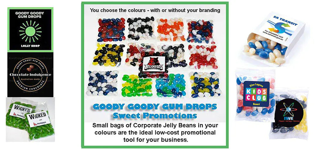 Low cost promotional lolly bags in your colours from Goody Goody Gum Drops Online Lolly Shop.