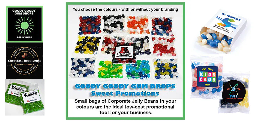 Low cost promotional lolly bags in your colours from Goody Goody Gum Drops Online Lolly Shop.