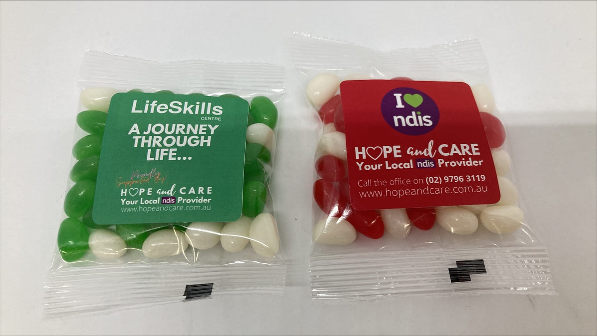 Customisable Mini Jelly Beans in 50 Gm Clear Bags Goody Goody Gum Drops online lolly shop