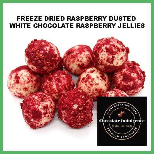 FREEZE DRIED RASPBERRY DUSTED WHITE CHOCOLATE RASPBERRY JELLIES Goody Goody Gum Drops online lolly shop