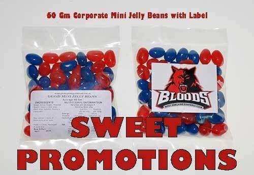 Jelly Bean Promotional Bags 60 Gm Heat Sealed with custom Label (300 Bags) Light Blue-White-Black mix Goody Goody Gum Drops online lolly shop