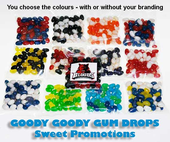 Mini Jelly Beans in 50 Gm clear bags with custom branding RED &amp; WHITE Goody Goody Gum Drops online lolly shop