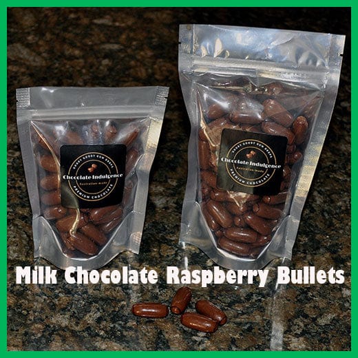 Milk Chocolate Raspberry Bullets 150 Gm Pouch Pack Goody Goody Gum Drops online lolly shop