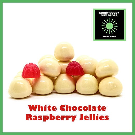 White Chocolate coated Raspberries Goody Goody Gum Drops online lolly shop