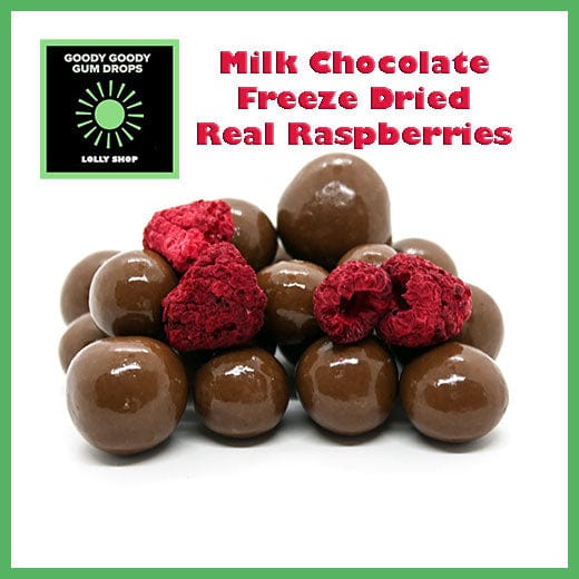 MILK CHOCOLATE FREEZE DRIED RASPBERRIES Goody Goody Gum Drops online lolly shop