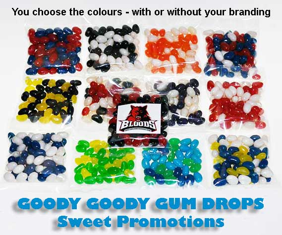 Mini Jelly Beans in 50 Gm clear bags with custom branding RED & WHITE Goody Goody Gum Drops online lolly shop