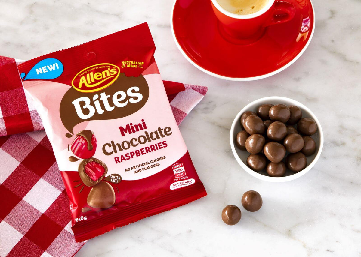 NEW! Allen&#39;s Mini Chocolate Raspberry Bites 700 Gm bag Goody Goody Gum Drops online lolly shop